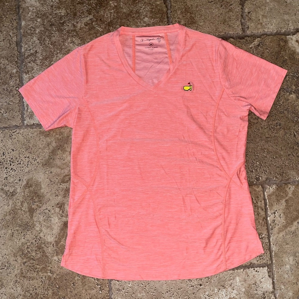 MASTERS coral Magnolia Lane tech athletic V neck shirt size M